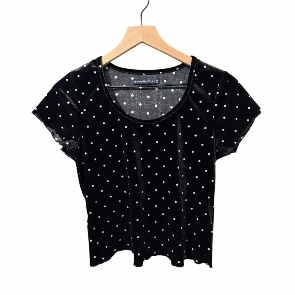 Abercrombie & Fitch Black Velvet Polka Dot Soft Stretch Top Scoop Neck — Size M - Picture 2 of 9